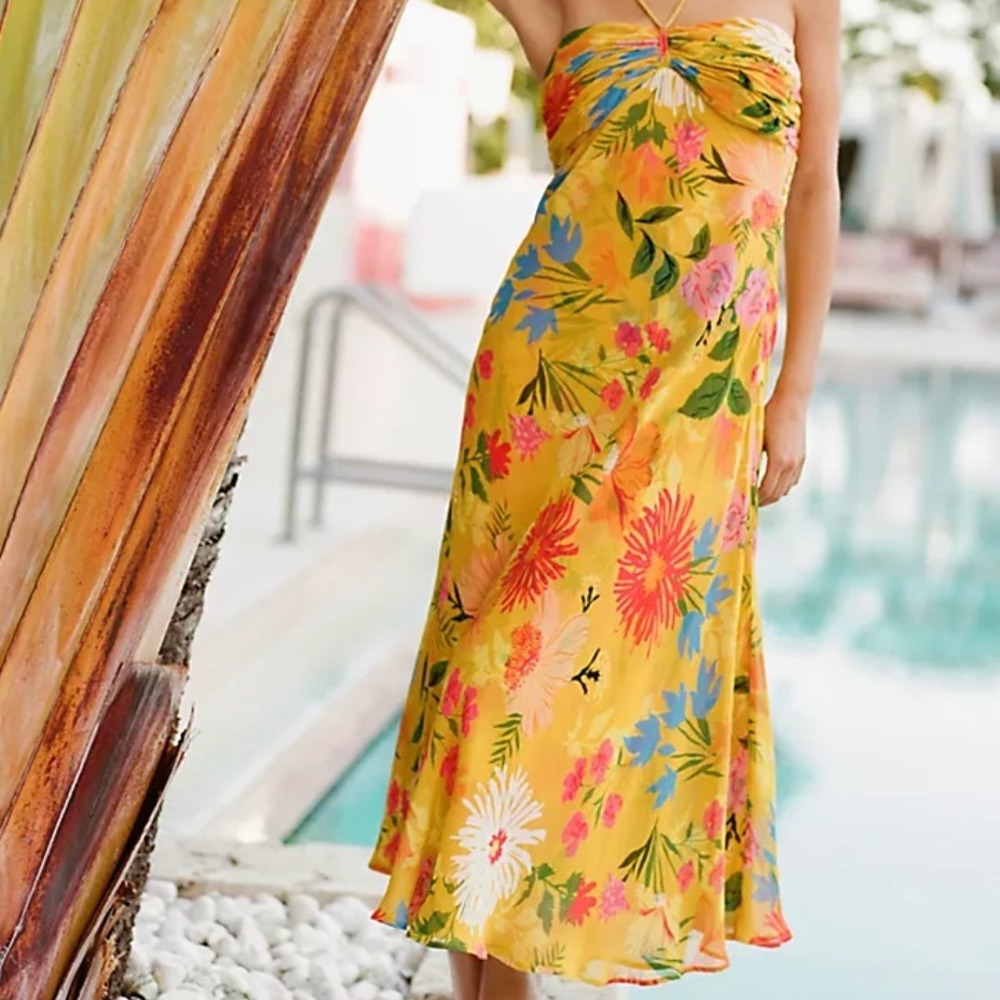 Anthropologie Yellow Floral Maxi Dress Halter Neck Smocked Bodice XL
